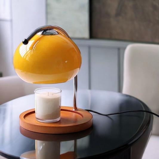 Globe candle warmer lamp in warm living room setting