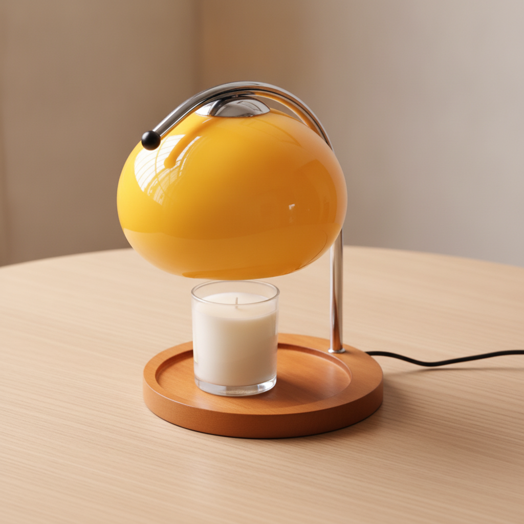Overhead view of globe candle warmer showing wood base tray and flameless candle