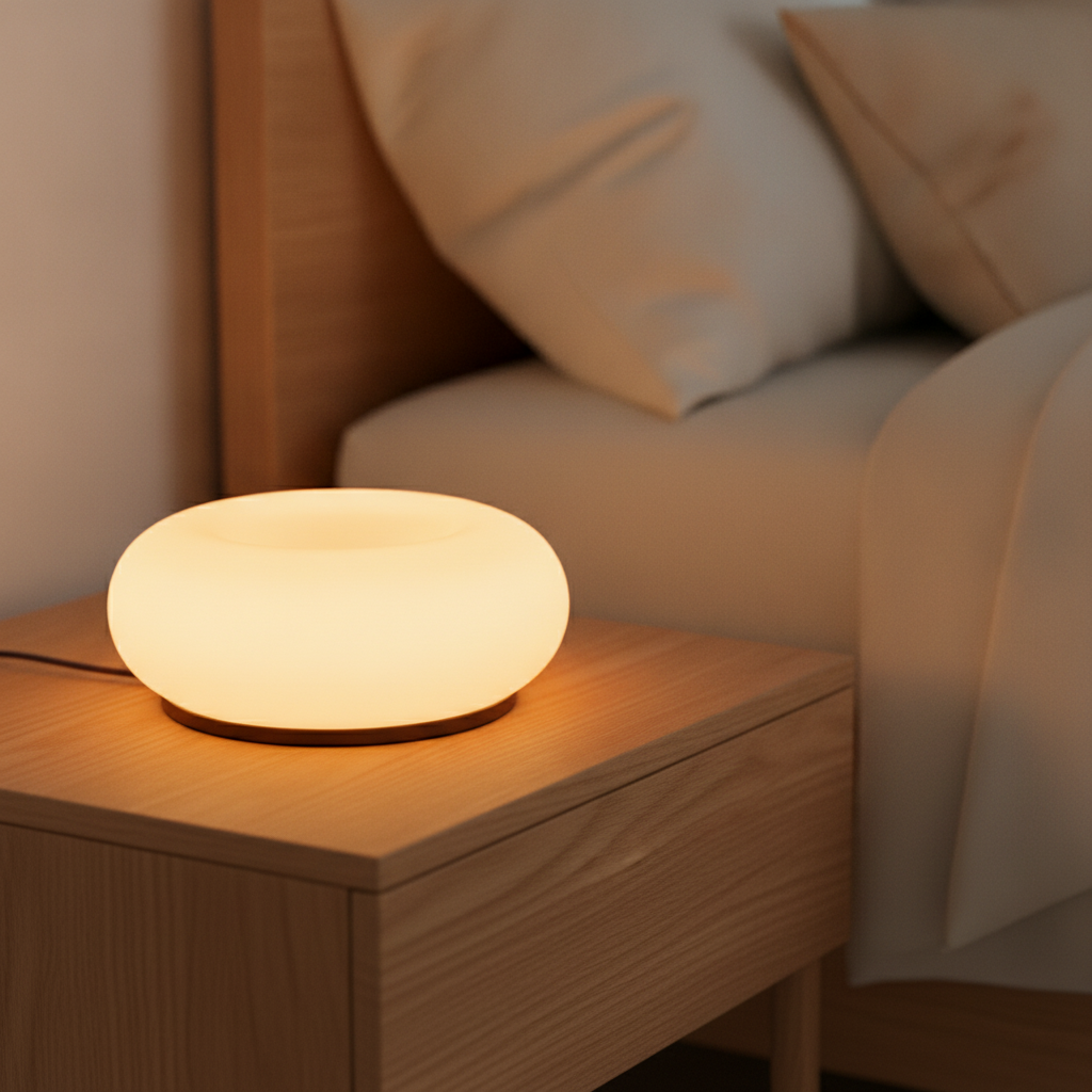Donut LED lamp glowing on an oak nightstand in a cozy minimalist bedroom
