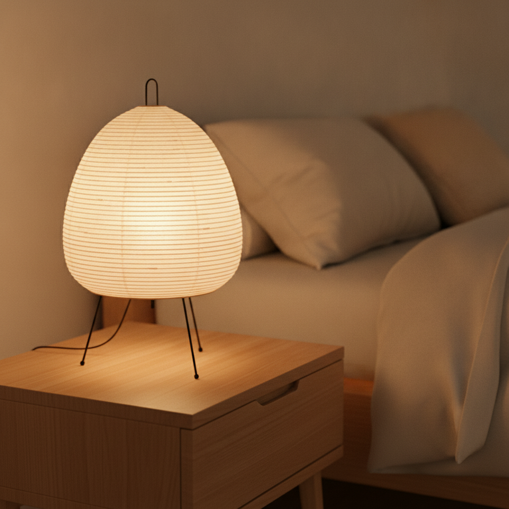 Japanese rice paper egg lamp glowing on an oak nightstand in a cozy bedroom
