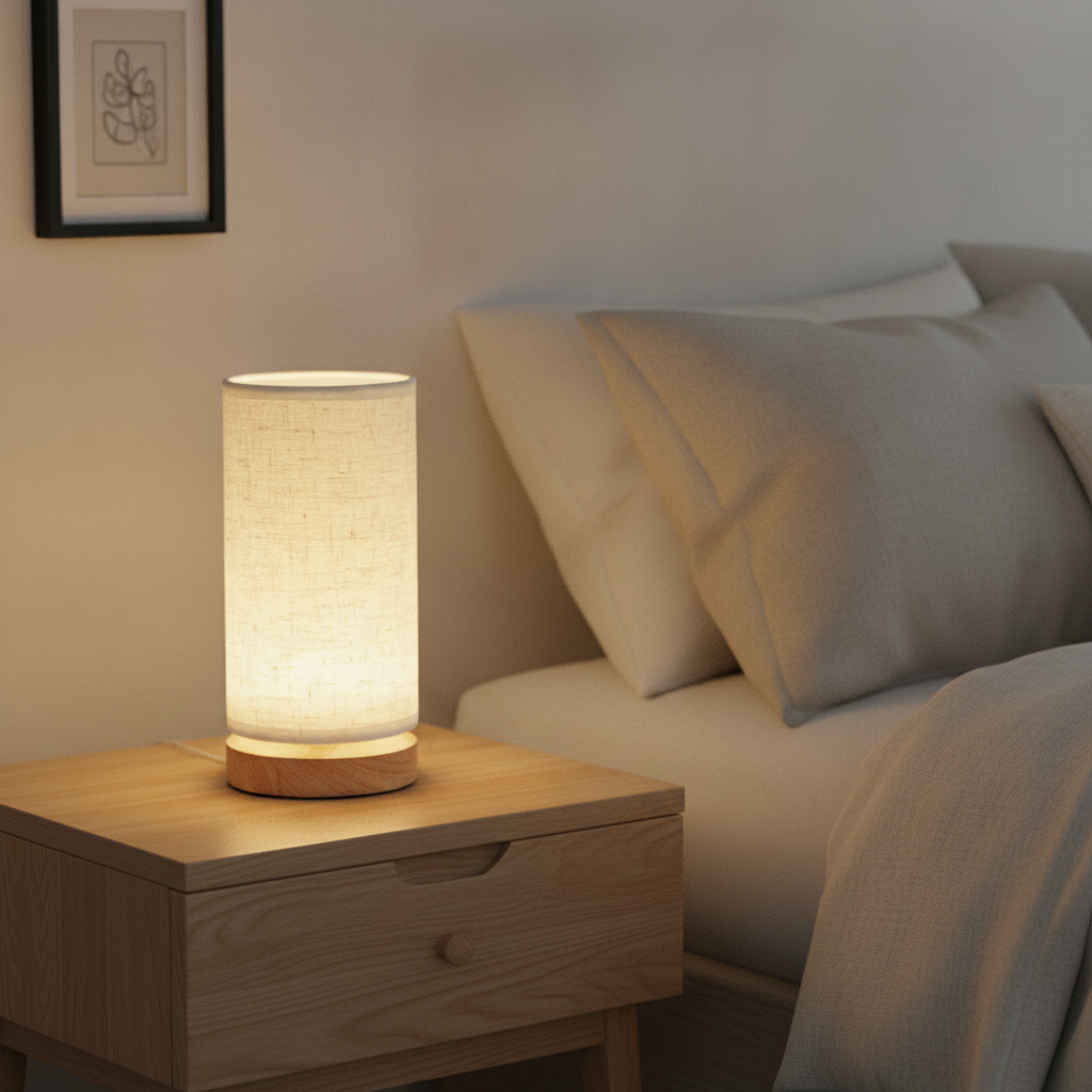 Nordic linen lamp glowing on an oak nightstand in a warm Scandinavian bedroom