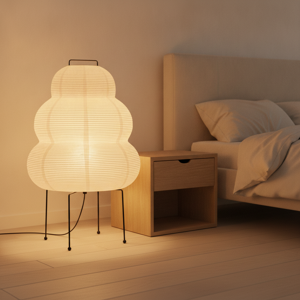 Large Noguchi-style Akari rice paper floor lamp glowing beside a nightstand in a warm bedroom