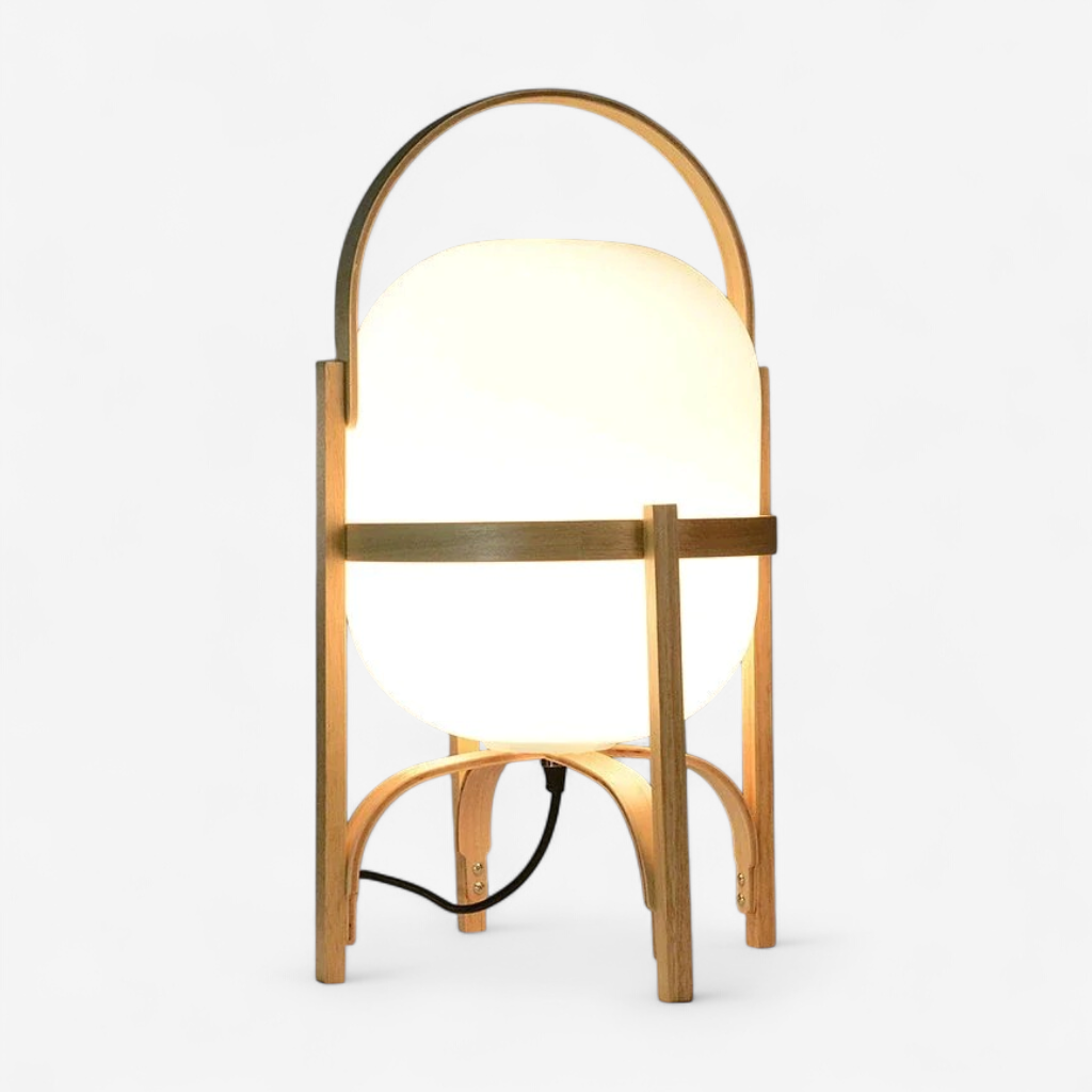 Modern wooden arc table lamp with frosted glass dome on white background