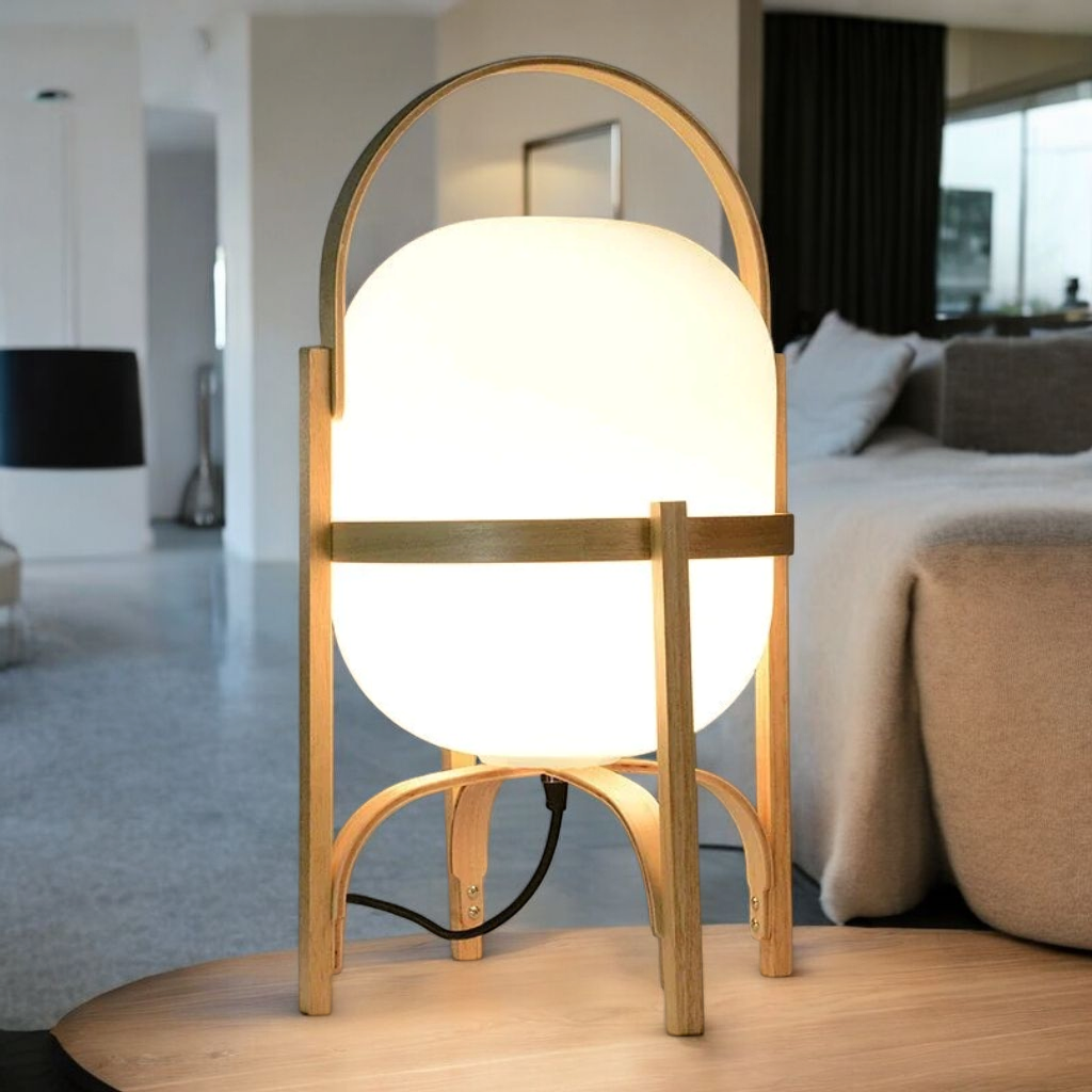 Wooden arc lamp in modern minimalist living room