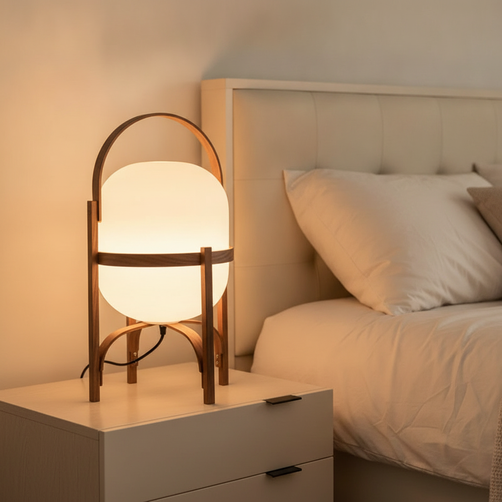 Walnut wood arc table lamp with frosted glass dome glowing on a nightstand in a cozy bedroom