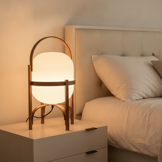 Walnut wood arc table lamp with frosted glass dome glowing on a nightstand in a cozy bedroom