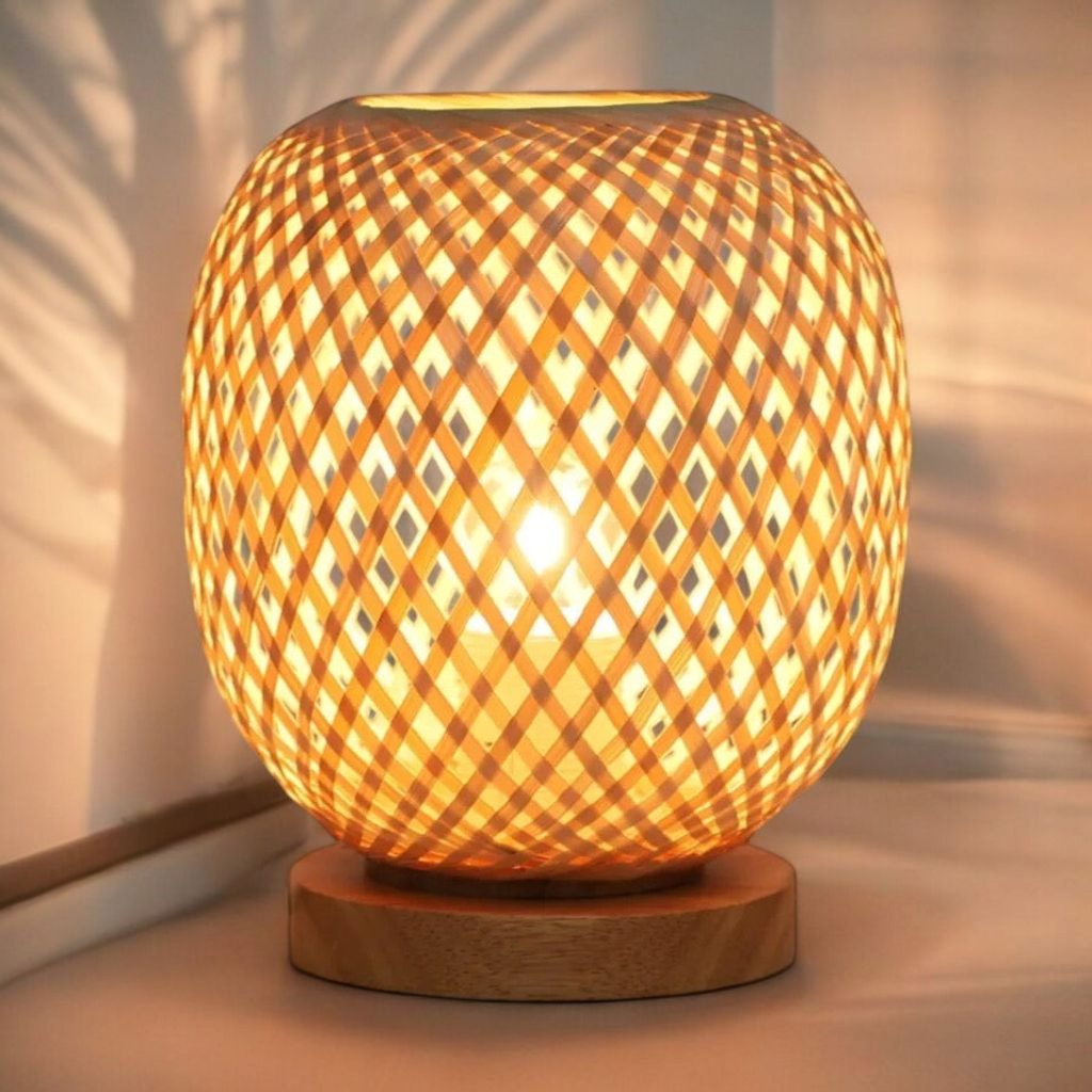 Bamboo shadow lamp casting warm patterns in living room