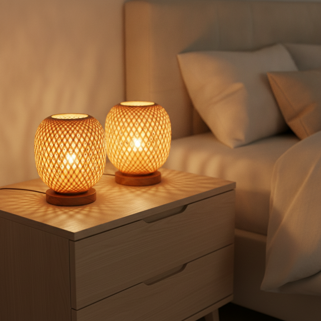 Pair of small woven bamboo lamps glowing on an oak nightstand casting warm shadow patterns