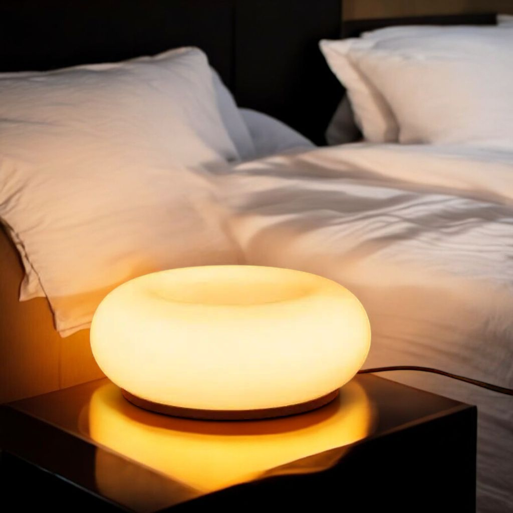 Donut table lamp on bedroom nightstand