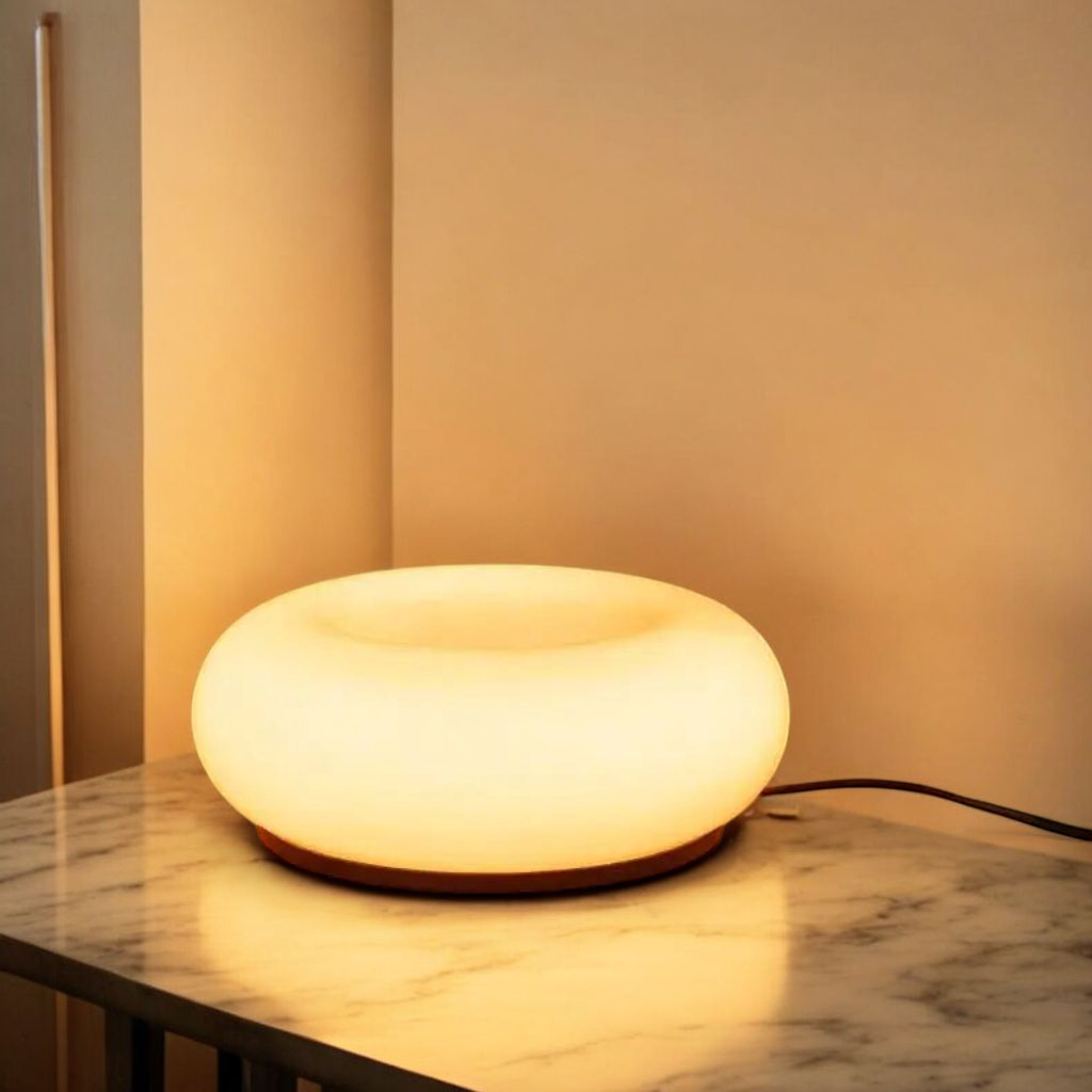 Donut table lamp on marble side table