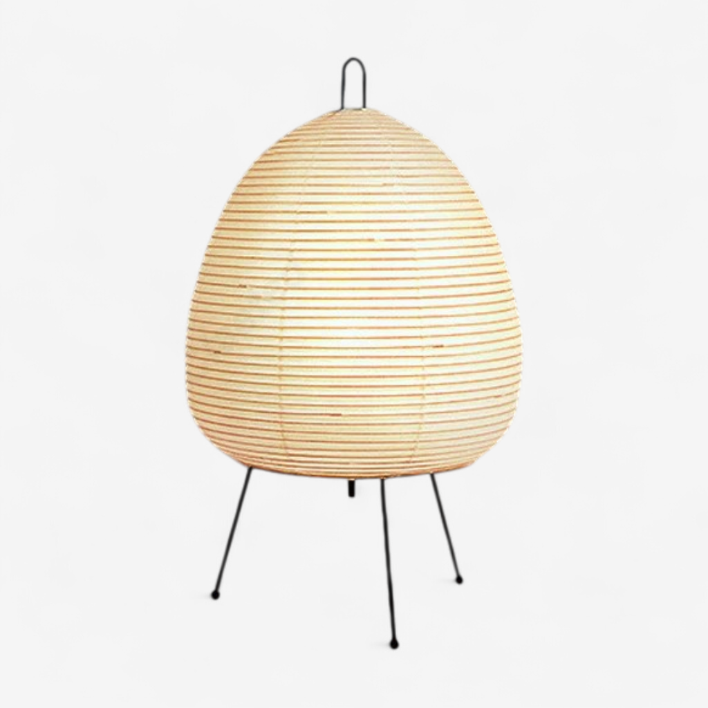 Japanese rice paper egg lamp with black tripod on white background