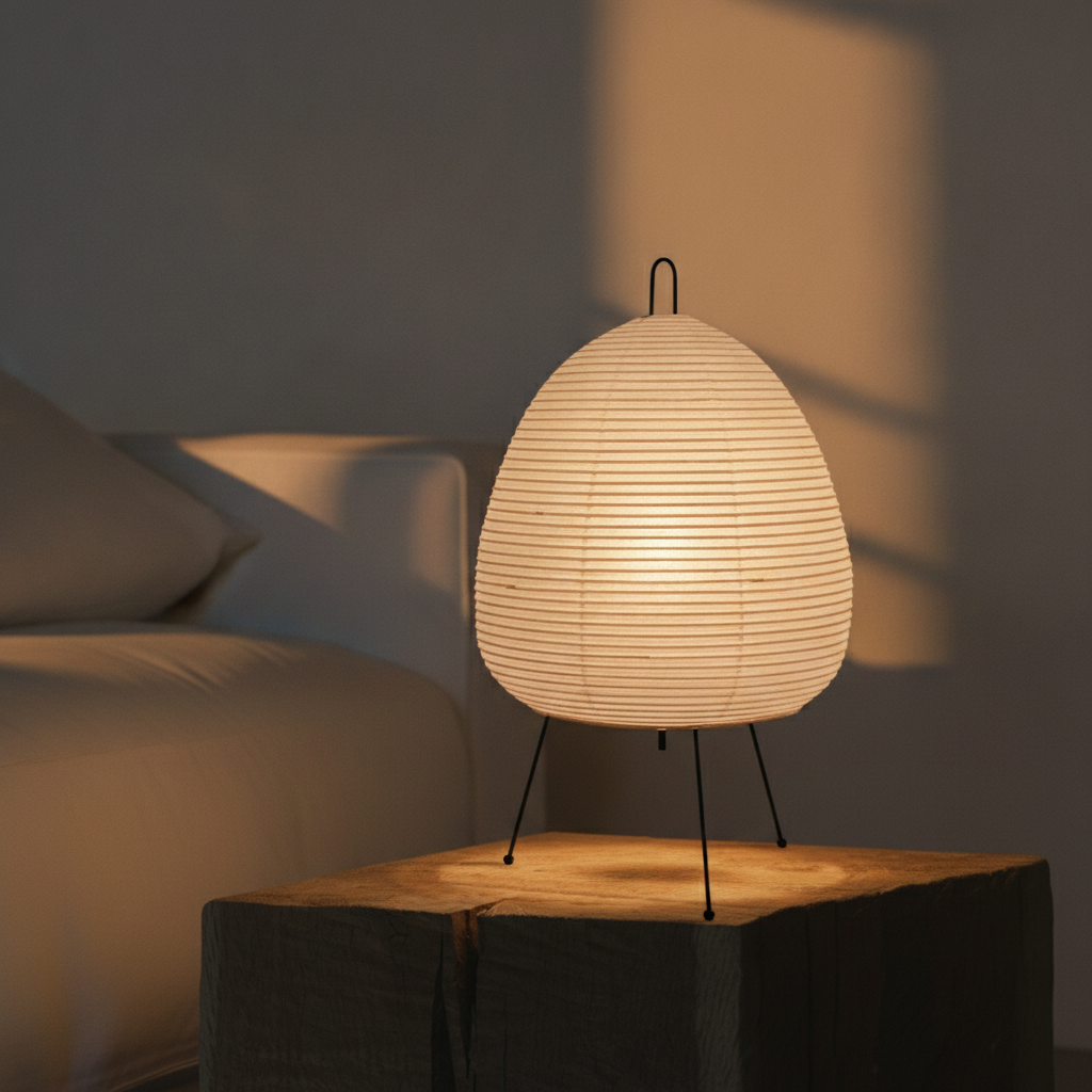 Japanese rice paper egg lamp on walnut side table in warm living room