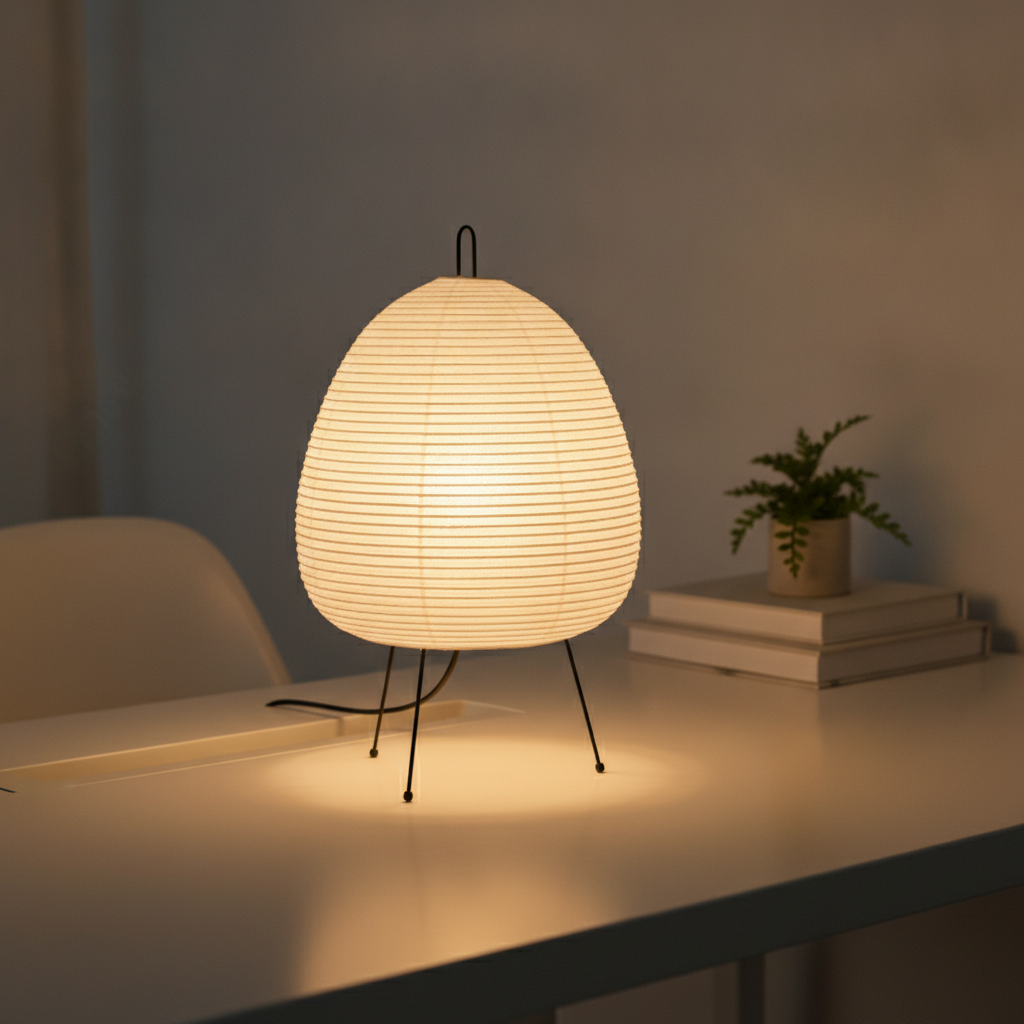 Japanese rice paper egg lamp on home office desk with warm ambient glow