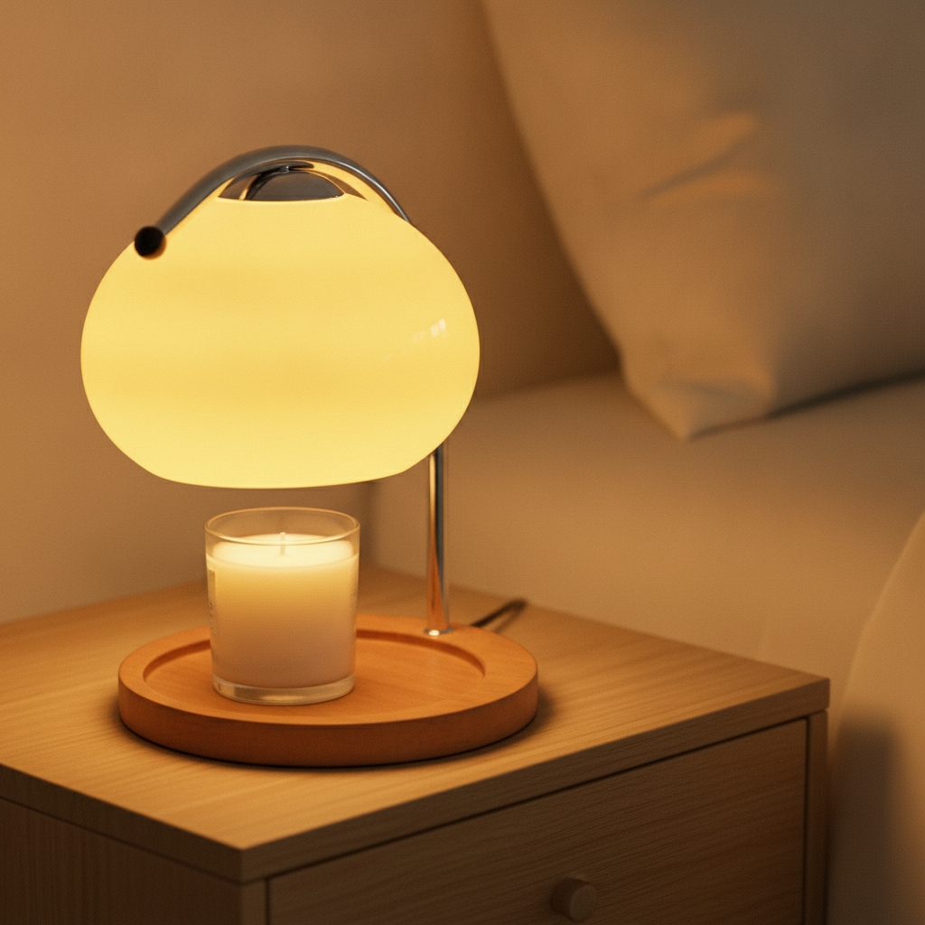 Glass globe candle warmer lamp glowing on an oak nightstand, flameless wax warmer
