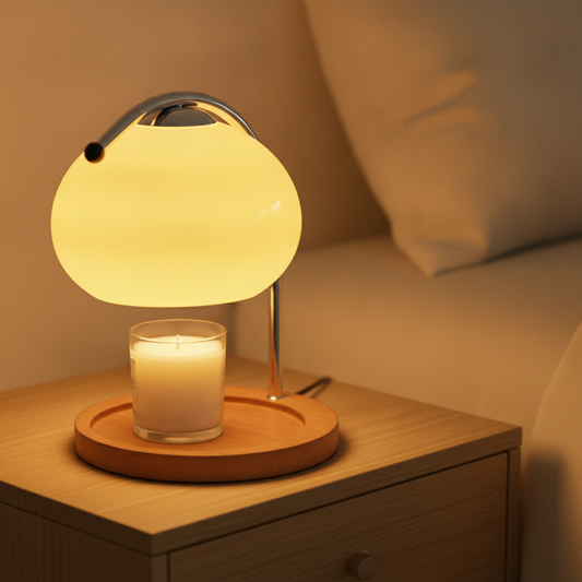 Glass globe candle warmer lamp glowing on an oak nightstand, flameless wax warmer