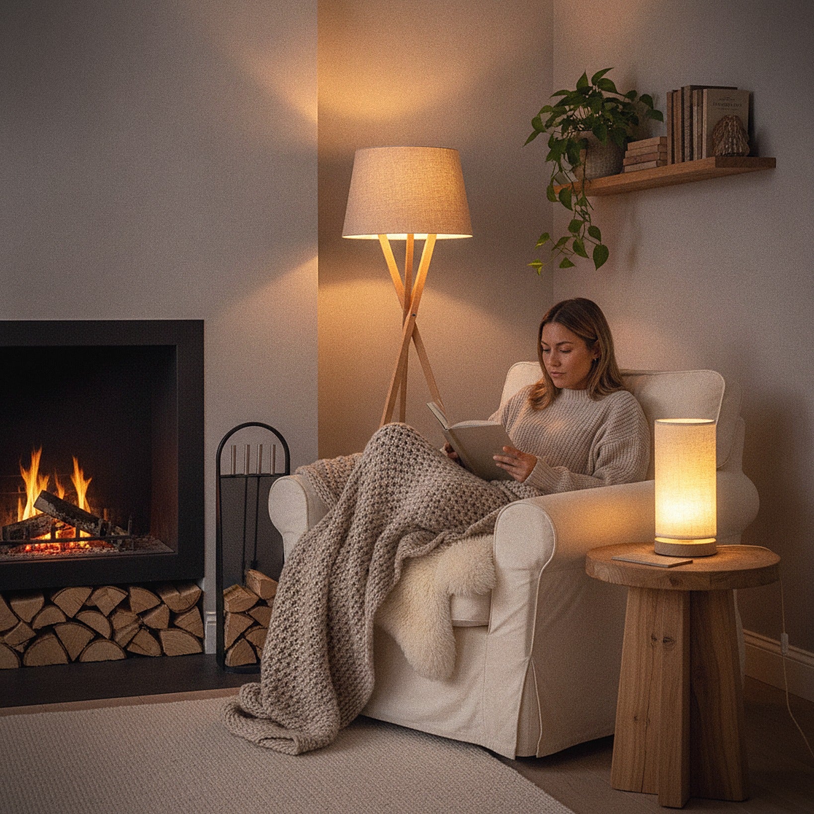 Cozy Scandinavian reading nook with Nordic linen lamp by fireplace