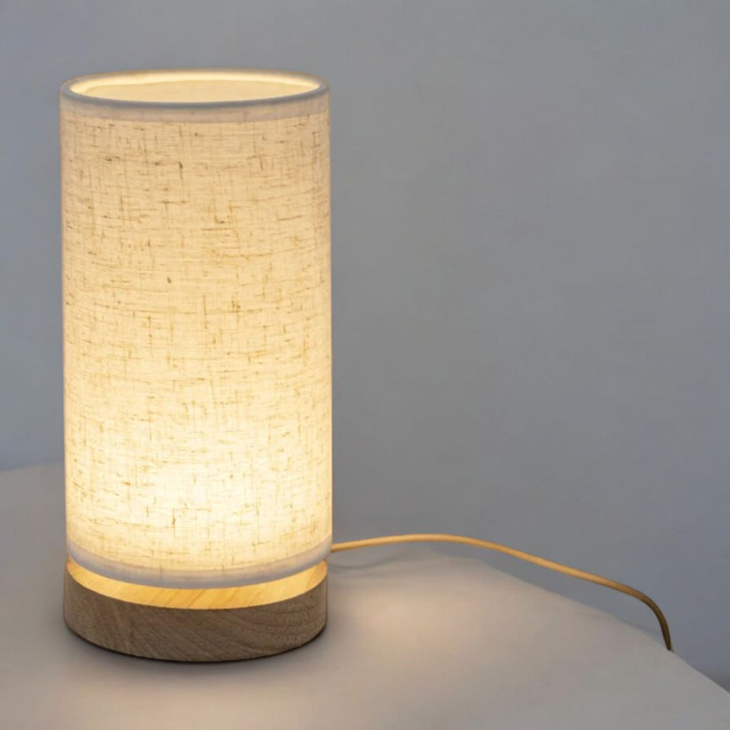 Nordic linen lamp on home office desk with warm light